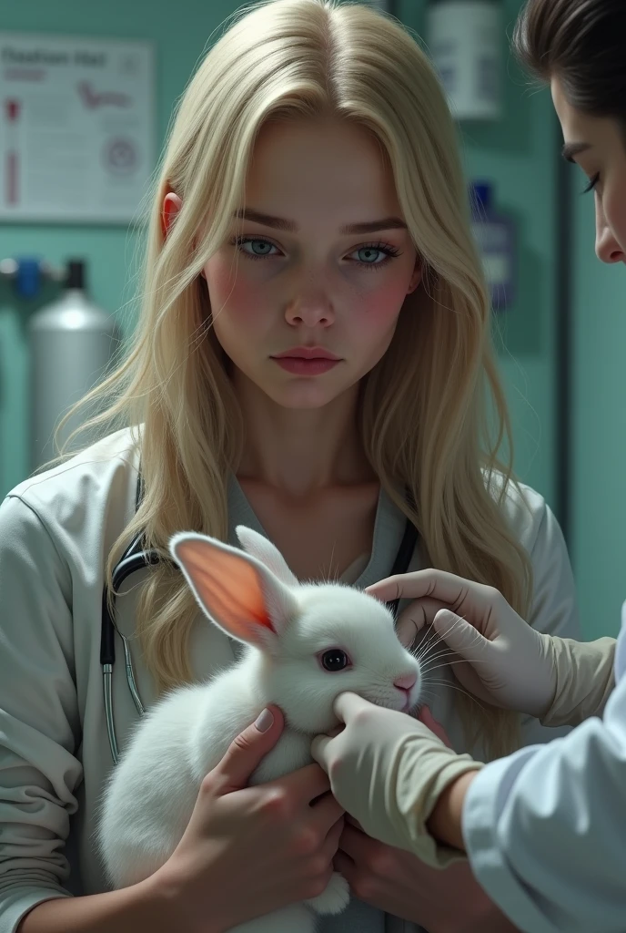 A realistic image of the 18-year-old beautiful young woman with blonde hair, holding the rabbit in her arms at a vet's office. The rabbit appears unwell, lying still as the woman looks worried and anxious. The vet is examining the rabbit, adding a sense of urgency and concern to the atmosphere, reflecting the woman's fear and realization that she hasn't been attentive enough.