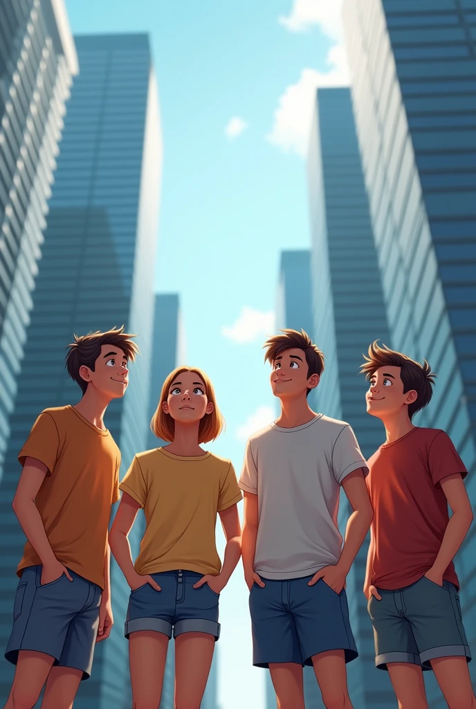 4 male friends and one girl friend looking at top of buildings make it realistic