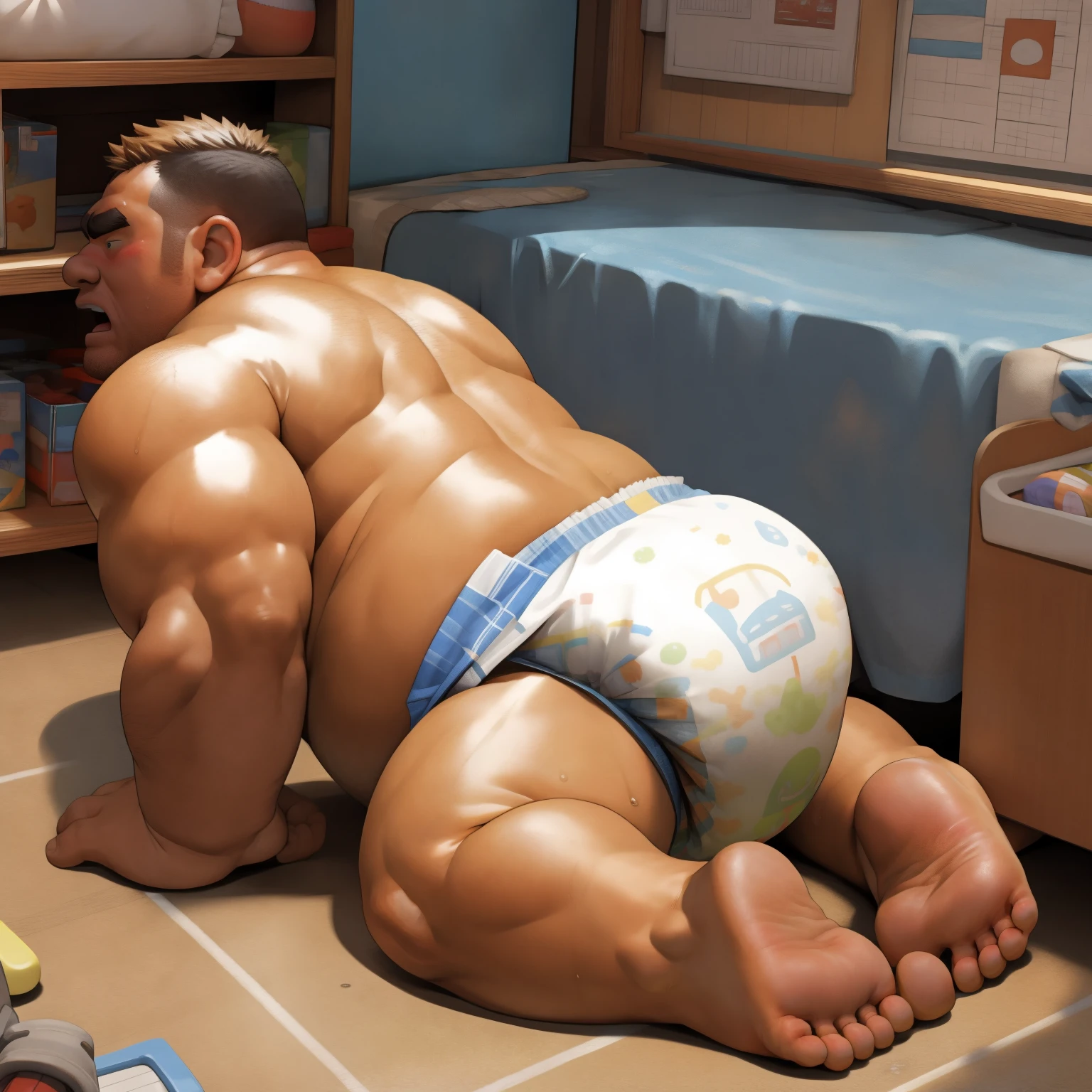 masterpiece, Top quality, in 32K, perfect anatomy, hyper detailed, super fine illustration, The thick man is a brutal prisoner, retarded, hairy human, 50yo in Japan, (fatness: 1.0), Fatty muscle, Bowleg, disappointment, incontinent, be diaper check by children, waddle, There is a small puddle under him, incontinent, Naked, short legs, Bowleg, spread legs, wear a White cloth Diaper, Bare belly, Bare legs, Bare foots, Bare soles, Shirtless, wide forehead and short thinning hair, Man with round face with stubble, Bare foots, Bare soles, shy, sissy, Weaker than children, Drool, Round face, steams, Solo, He enters nursery school and is despised by children, He surrounded by children, His bottom is wet, Bare foots, big butt, he is scolded by the children, White Diaper, He surrounded by children, sobbing, wear a White cloth Diaper, shirtless, There is a small puddle under him, He enters nursery school and is despised by children, big butt, sobbing, He crawling to go to children, on all fours, side view