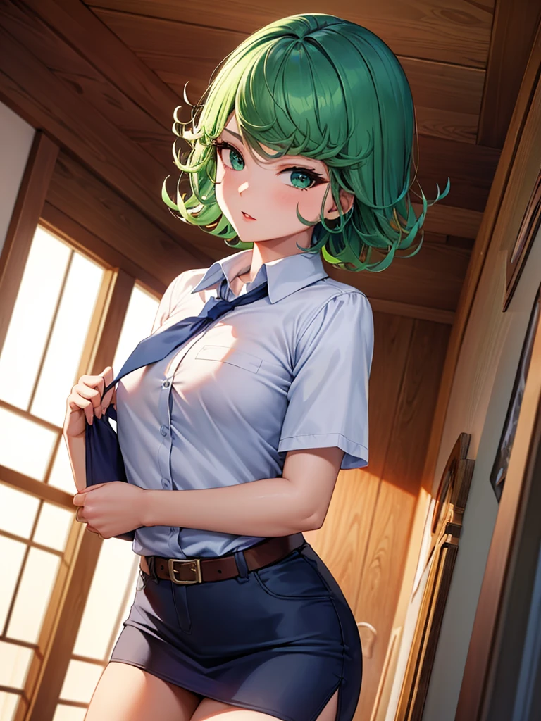 (high res, 8K, masterpiece, looking at viewer, best quality, very aesthetic, ultra detailed, ultra background, ultra Eyes) intricate details, 1girl, Tatsumaki, short sleeved white shirt, Dark Blue short skirt, Pockets on the left chest, Dark Blue tie, Wearing a belt, Red Lips, green short hair, green eyes, Normal Face, Background Library, Cinematic Angle