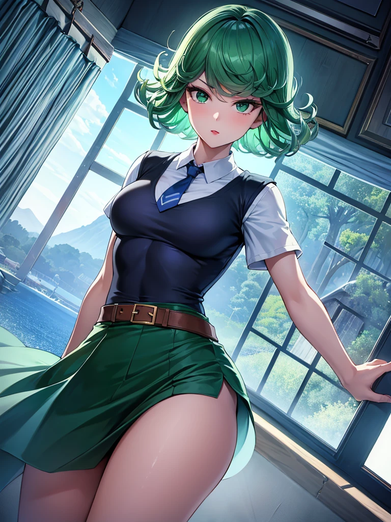 (high res, 8K, masterpiece, looking at viewer, best quality, very aesthetic, ultra detailed, ultra background, ultra Eyes) intricate details, 1girl, Tatsumaki, short sleeved white shirt, Dark Blue short skirt, Pockets on the left chest, Dark Blue tie, Wearing a belt, Red Lips, green short hair, green eyes, Normal Face, Background Library, Cinematic Angle