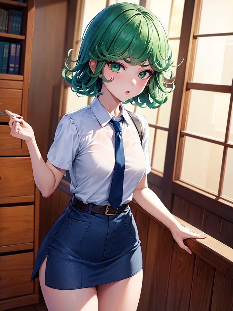(high res, 8K, masterpiece, looking at viewer, best quality, very aesthetic, ultra detailed, ultra background, ultra Eyes) intricate details, 1girl, Tatsumaki, short sleeved white shirt, Dark Blue short skirt, Pockets on the left chest, Dark Blue tie, Wearing a belt, Red Lips, green short hair, green eyes, Normal Face, Background Library, Cinematic Angle