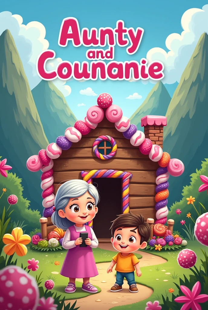 
"Adventures of Aunty Connie and Luciano: The Candy Shack", cover of a childrens book, title across top, illustrated, fun, colorful, creative, ages 6-10, woman and young mischievous boy infront of a cabin made of candy, in mountainous terrain. 
