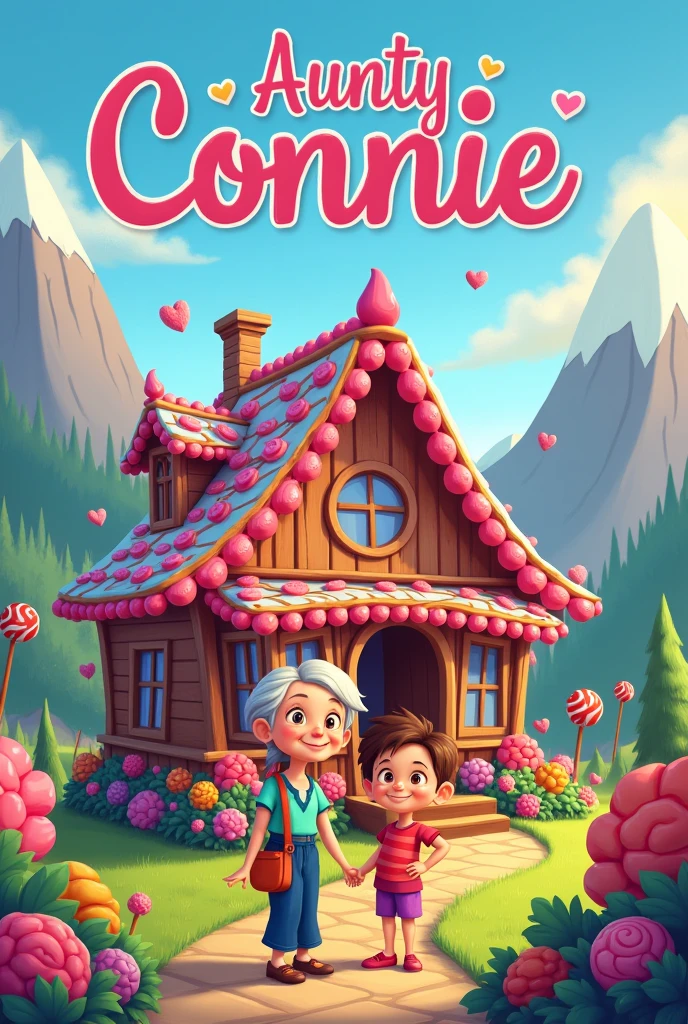 
"Adventures of Aunty Connie and Luciano: The Candy Shack", cover of a childrens book, title across top, illustrated, fun, colorful, creative, ages 6-, woman and young mischievous boy infront of a cabin made of candy, in mountainous terrain. 
