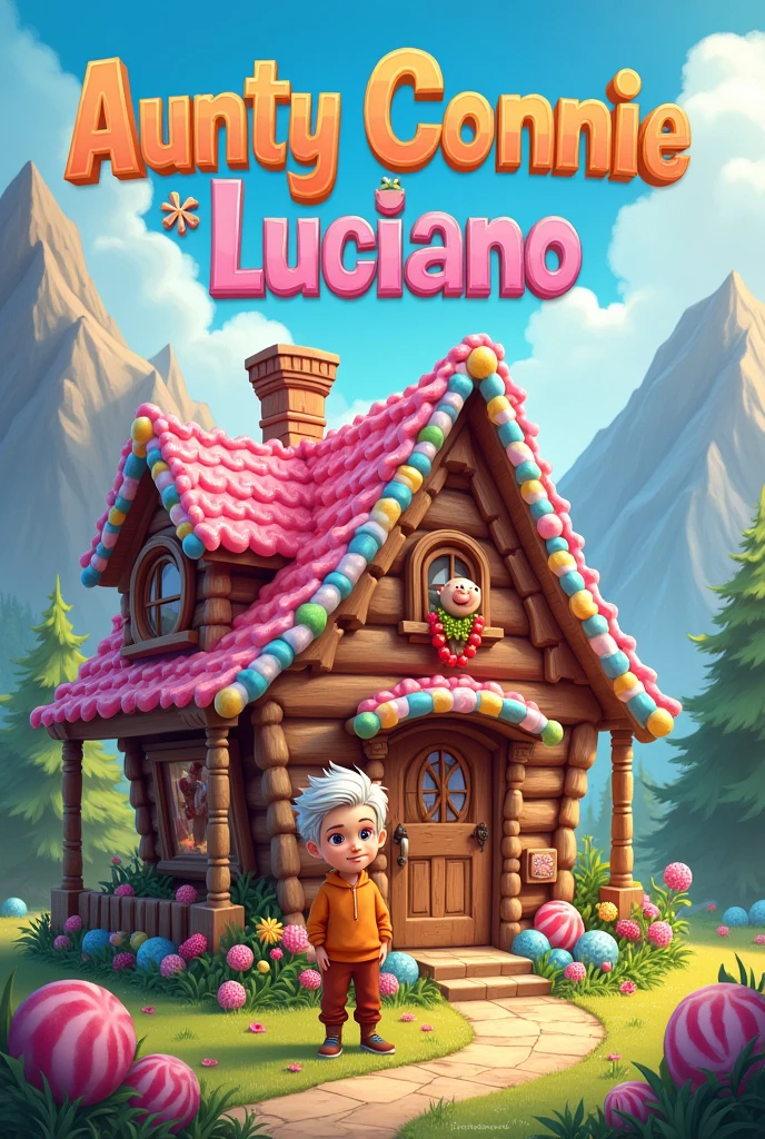 
"Adventures of Aunty Connie and Luciano: The Candy Shack", cover of a childrens book, title across top, illustrated, fun, colorful, creative, ages 6-10, woman and young mischievous boy infront of a cabin made of candy, in mountainous terrain. 
