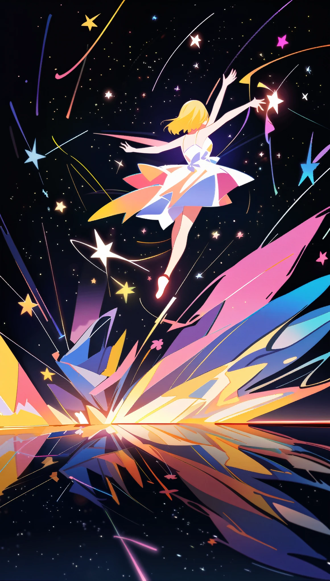 A girl is dancing acrobatically in the starry sky, surrounded by constellations, on black background, white stars and lines forming constellations around her silhouette, light art installation style, high resolution, dreamy effect, fantastic scenery, minimalist design. --ar 3:4 --niji 6,