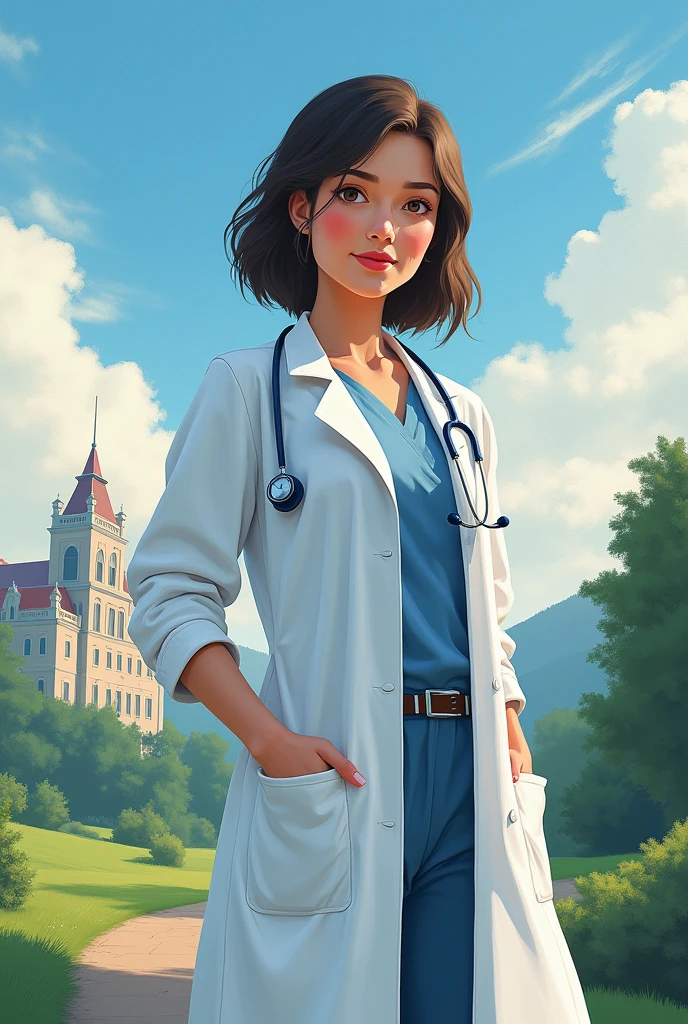 Make me a simple real picture of big female Doctor as my dream job, with a beautiful sky and a landscape very big hospital as a background. Make it very very simple, yet elegant. Make it an impressionism art. 