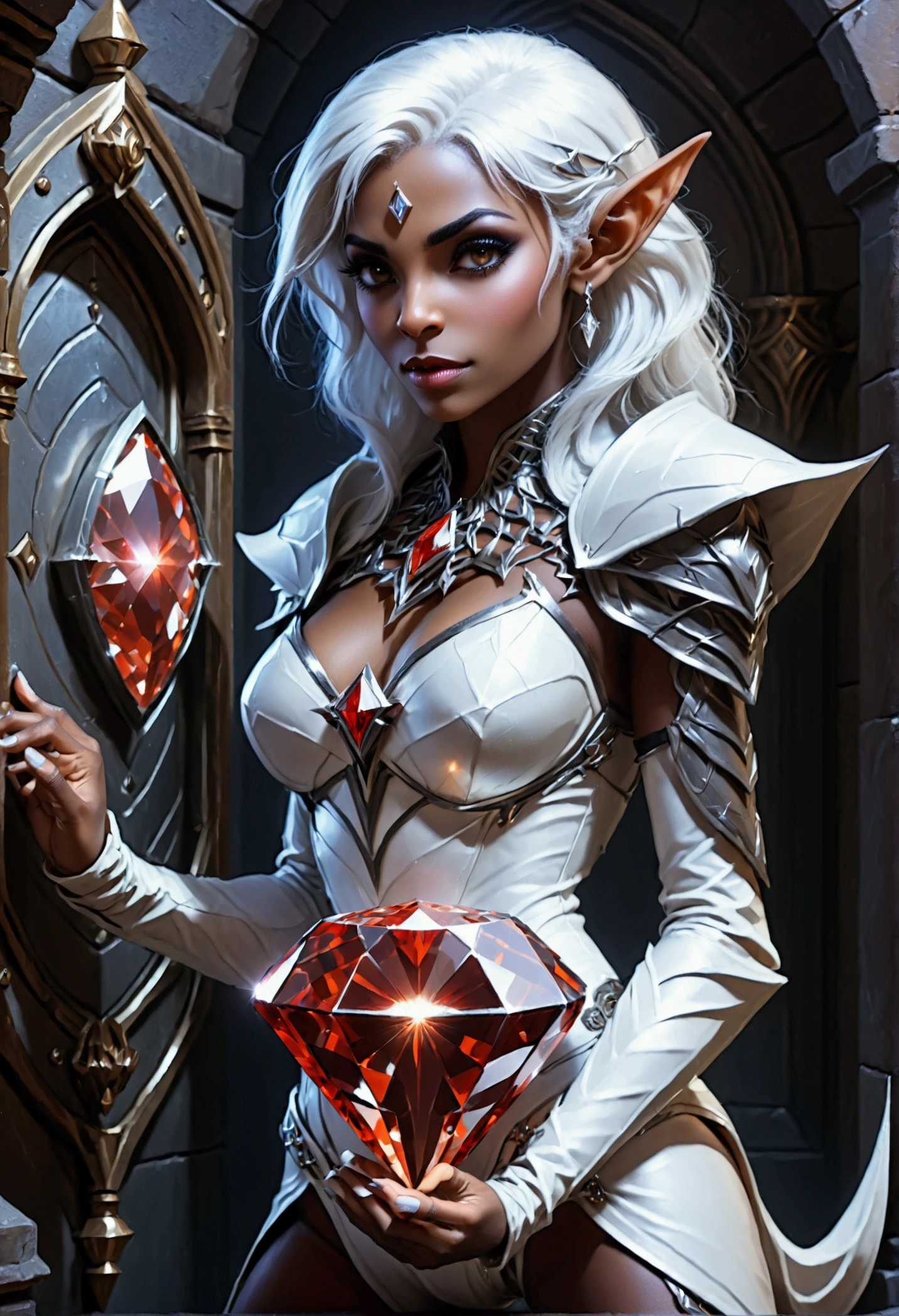 a fantasy epic illustration (Julie Bell Elmore style: 1.5)) of a drow elf thief holding a large diamond in a vault, a female drow  elf thief, full body, (small pointy ears), dynamic hair color, dynamic hair style,  ultra detailed face, wearing white leather leotard, white leather pants, busty, small cleavage, high heel boots, she is happy for reaching her goal, success, holding a large sized (red diamond: 1.3), brilliant diamond, many facets, many colors diamond, fantasy safe vault background, torchlight, vibrant, Ultra-high resolution, High Contrast, (masterpiece:1.5), highest quality, Best aesthetics), best details, best quality, highres, 16k, [ultra detailed], masterpiece, best quality, (extremely detailed) RAW, (ultra details, Masterpiece, best quality), diamondWM, Cinematic Shot