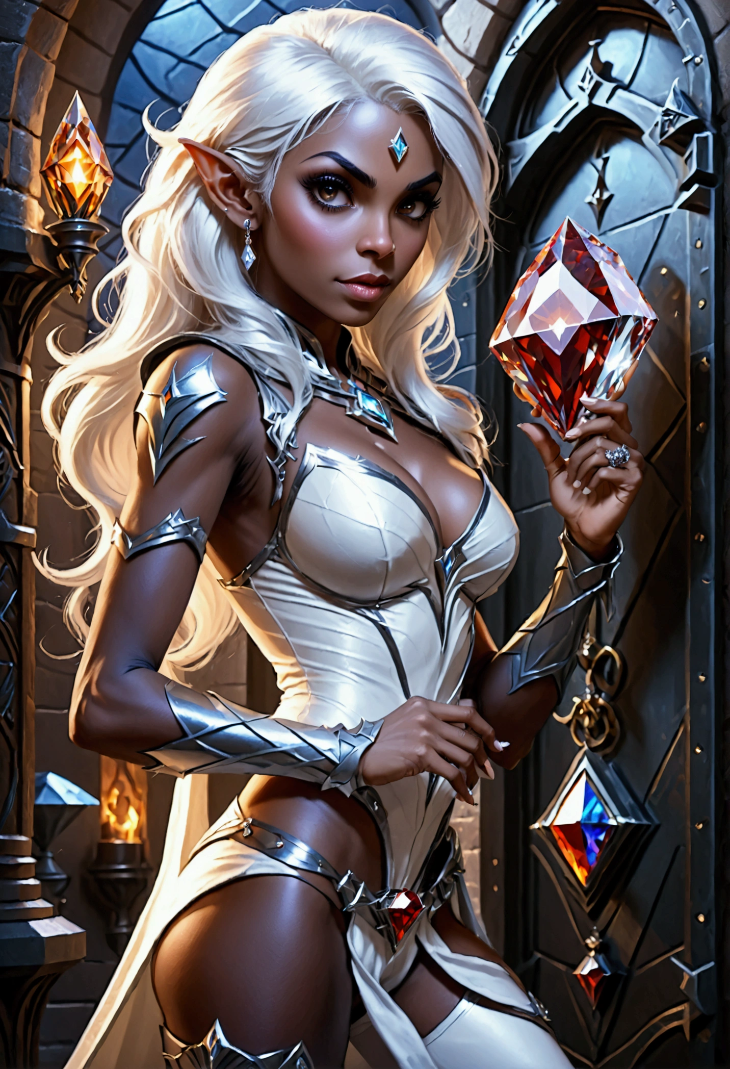 a fantasy epic illustration (Julie Bell Elmore style: 1.5)) of a drow elf thief holding a large diamond in a vault, a female drow  elf thief, full body, (small pointy ears), dynamic hair color, dynamic hair style,  ultra detailed face, wearing white leather leotard, white leather pants, busty, small cleavage, high heel boots, she is happy for reaching her goal, success, holding a large sized (red diamond: 1.3), brilliant diamond, many facets, many colors diamond, fantasy safe vault background, torchlight, vibrant, Ultra-high resolution, High Contrast, (masterpiece:1.5), highest quality, Best aesthetics), best details, best quality, highres, 16k, [ultra detailed], masterpiece, best quality, (extremely detailed) RAW, (ultra details, Masterpiece, best quality), diamondWM, Cinematic Shot