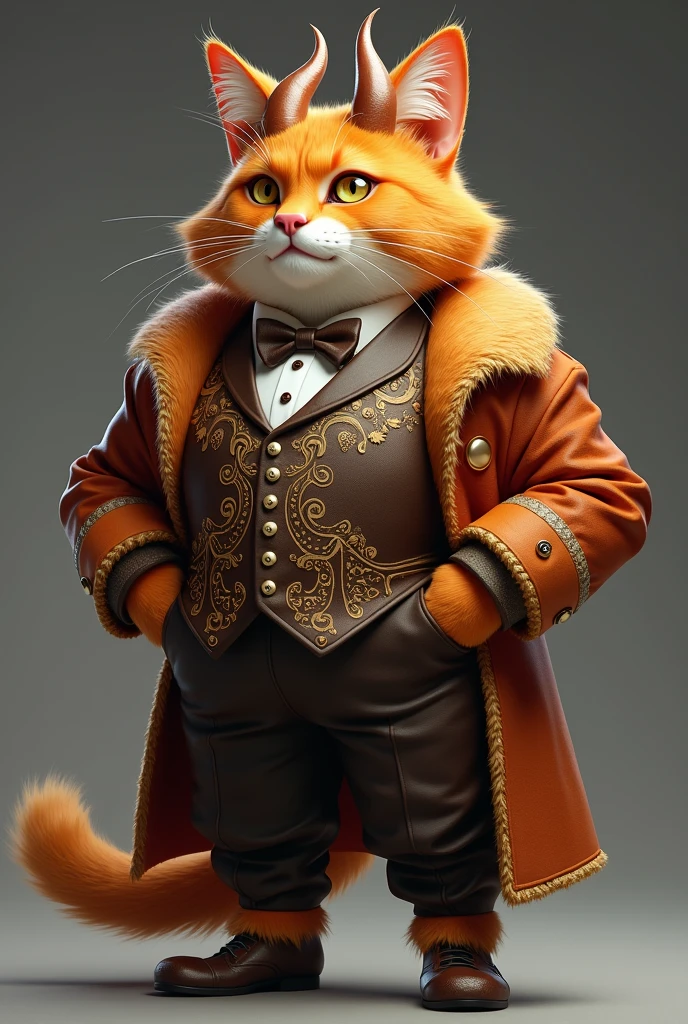 A male cat, biped, Cao Cao, orange in color, With horns facing backwards, wearing a high-class outfit and exuding puffed-out self-confidence