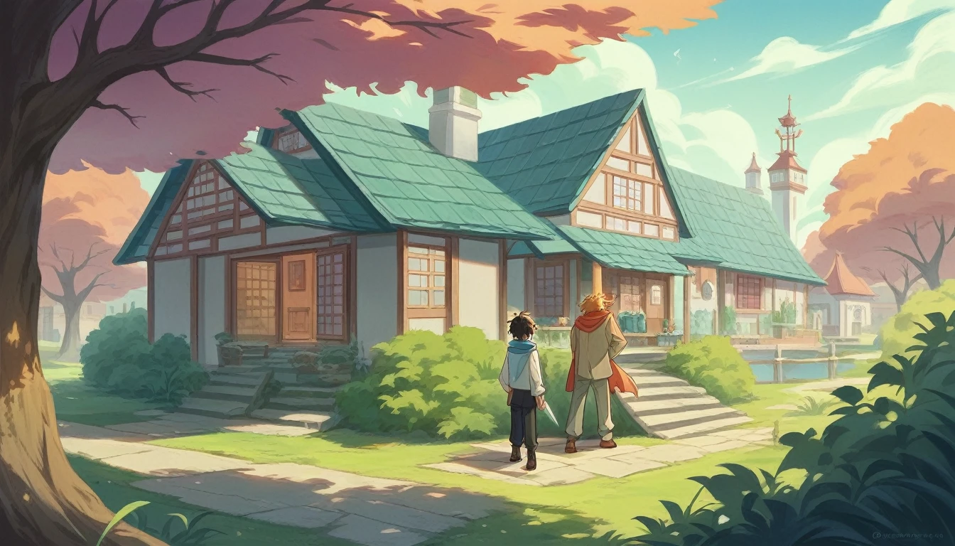 schipperke on a house overview, wearing a scarf around the neck, cartoony style of laurie greasley, studio ghibli, akira toriyama, james gilleard, genshin impact, trending pixiv fanbox, acrylic palette knife, 4k, vibrant colors, trending on artstation, low details. O Shipperke esta deitado no tapete dentro de casa durante a noite