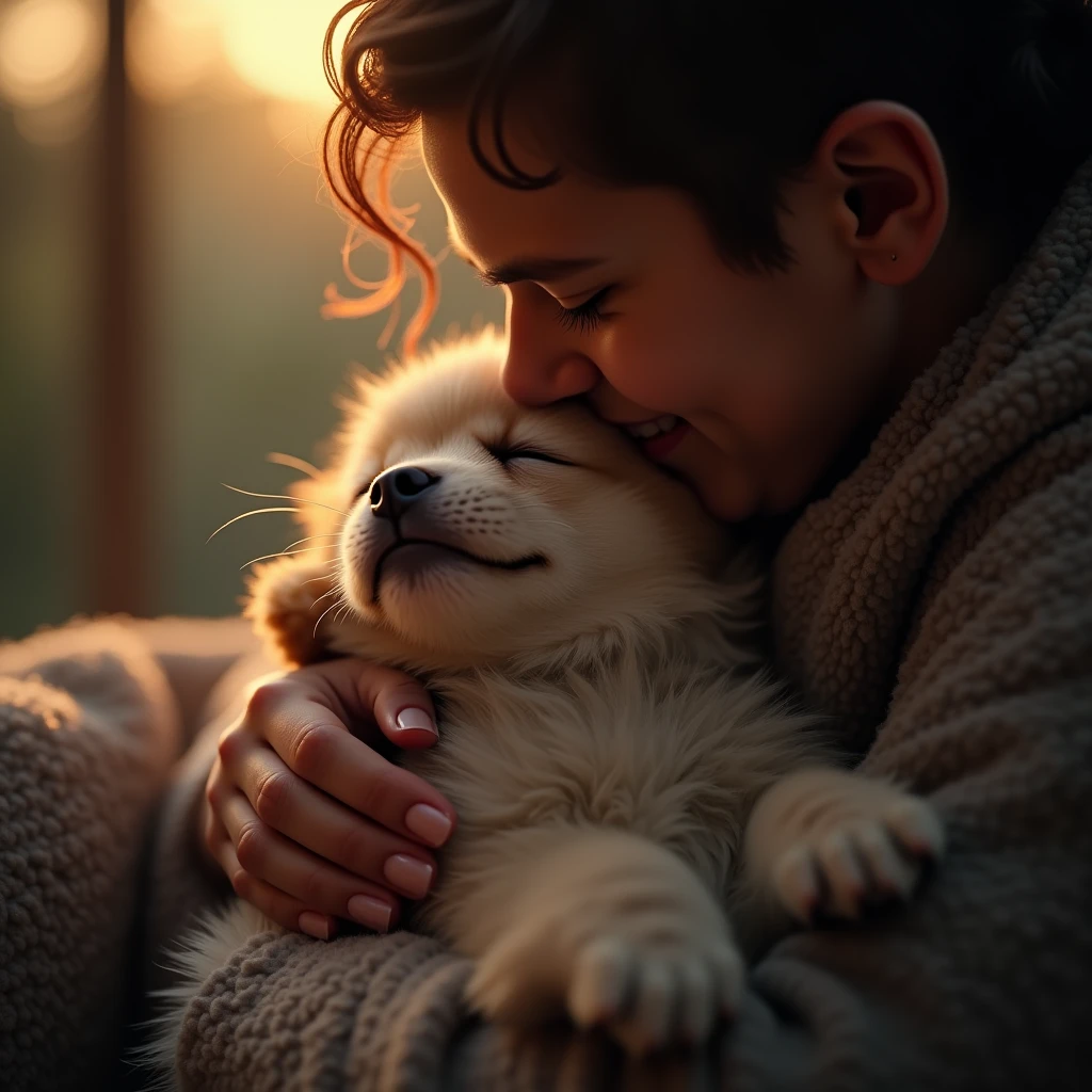 (Scene of Happiness), a cute pet lies lazily in the owner's arms, enjoying the owner's caress. Use close-ups to capture the deep emotions between pet and owner. Beautiful cinematic lighting, surreal, color graded, dynamic movement, captivating chiaroscuro, (special effects:0.1), full body, award-winning, cinematic still, emotional, vignette, dynamic, vivid, (masterpiece, best quality, photorealistic, Professional, perfect composition, very aesthetic, absurdres, ultra-detailed, intricate details:1.3)