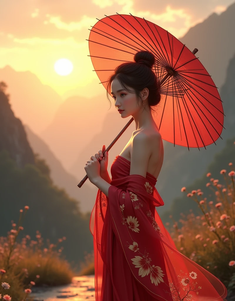 Create a digital illustration in 8K Ultra HD resolution,Depicts a young woman in her late teens or early twenties.。She stood on a quiet mountain path,The setting sun shines,Looking far away,Gently holding a traditional oil-paper umbrella in hand。The umbrella is decorated with elegant plum blossom patterns,Oily paper texture is real,Reveals detailed texture and shimmer in soft evening light。The woman looks weak and lovable,Exuding a fragile yet tough beauty。
Her outfit is inspired by Chinese TV series《Lotus Tower》Li Lianhua in,Emphasize her softness and gentleness。She wore a bright red strapless gown,This robe is brightly colored and full of layers,Exudes a warm and slightly tender feeling。The fabric shows changing luster under different lights,Emphasis on silk-like smoothness,And it presents a higher sense of reality when floating。
on the basis of robe,She also paired it with a bright red shawl,The color of the shawl is the same as the robe,And added detailed golden embroidery patterns on the shawl,Complements the embroidery of the gown。The silk is light and elegant,Swaying slightly with the wind,Adds elegance and classic flavor to the overall shape。
The embroidery patterns on robes and shawls are delicately rendered in gold lines,More detailed and gorgeous,Improve the sense of layering and detail realism,Delicately depict the elegance of traditional Chinese aesthetics。
She has a slender figure,Light movements,Skin is delicate and smooth as porcelain,Hair pulled into a bun casually,A few strands of fine hair fall naturally around her face,Adds a sense of soft beauty,The texture of hair seems real and touchable。
The woman's face is beautiful,Soft facial features,The eyes reveal deep longing and expectation。She looked back,There is a hint of surprise and desire in the expression,As if I thought my old friend had returned。Her eyes sparkled with tears in the sunset,Skin appears transparent and soft under the warm sunlight,The corners of the mouth are slightly raised,A trace of imperceptible sadness。However,At that moment, his expression quickly turned to disappointment.,Because the person she expected didn't show up。Even though she looks weak,But the eyes reveal a kind of independence and strong strength,As if in the years of living alone,She has learned how to go on with strength。
The background is set on a quiet mountain road,The afterglow of the setting sun dyes the entire scene with golden light and shadow。The light is real and warm,The mountains in the distance and the remaining clouds on the horizon look and beautiful。The path is lined with low bamboo forests and scattered wild flowers.,blowing with the evening wind,The texture and real details of bamboo leaves and wildflowers are clearly visible。The entire screen presents unparalleled resolution,Details remain clear and realistic even when zoomed in,Make this image look great on the big screen or up close,All display stunning picture quality。