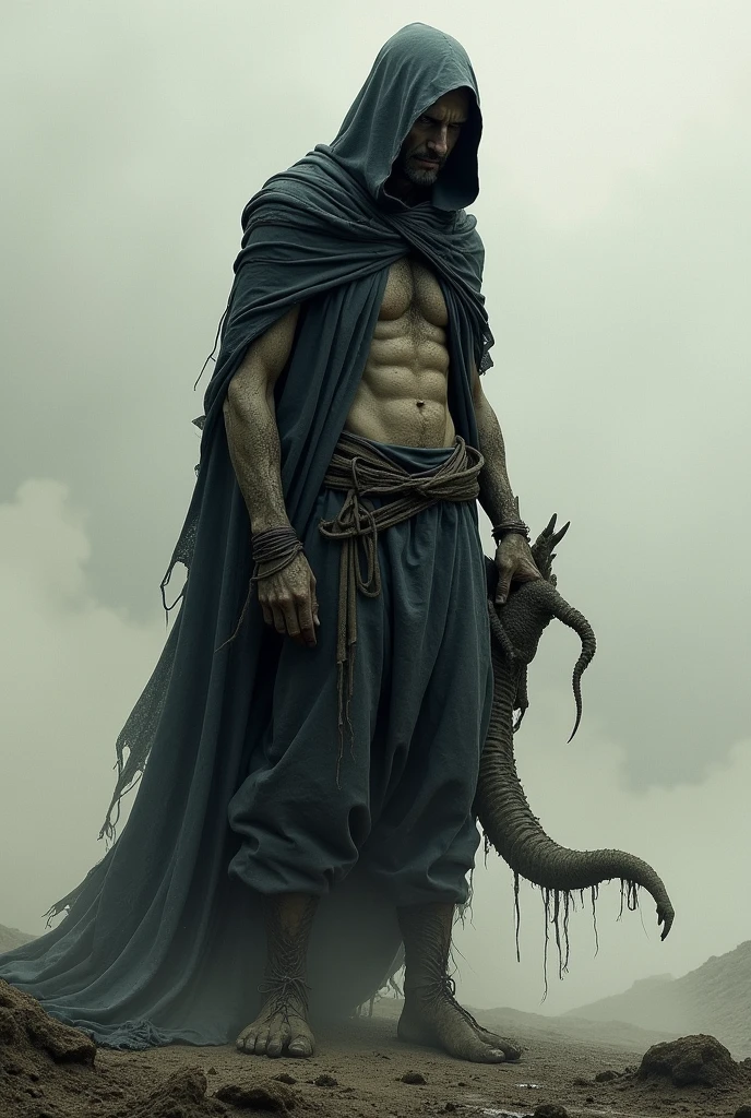 Half Tall Man, stark, middle-age, CURVED BODY, with mud on the body, with a dark cape covering the head, with an animal leg