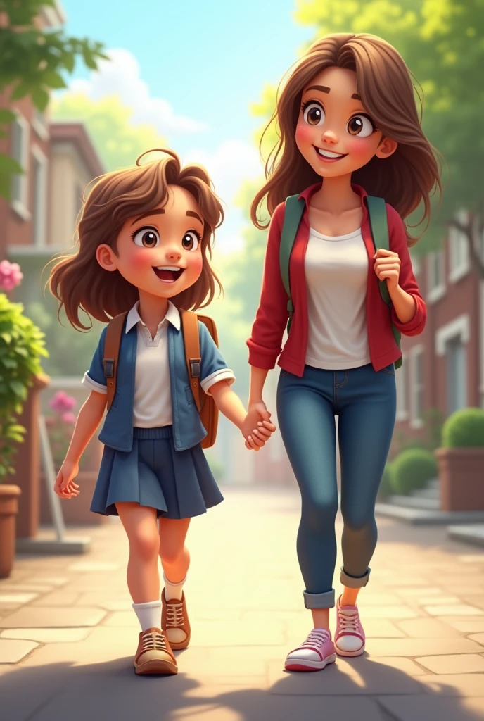 child with school uniform backpack and smiling female