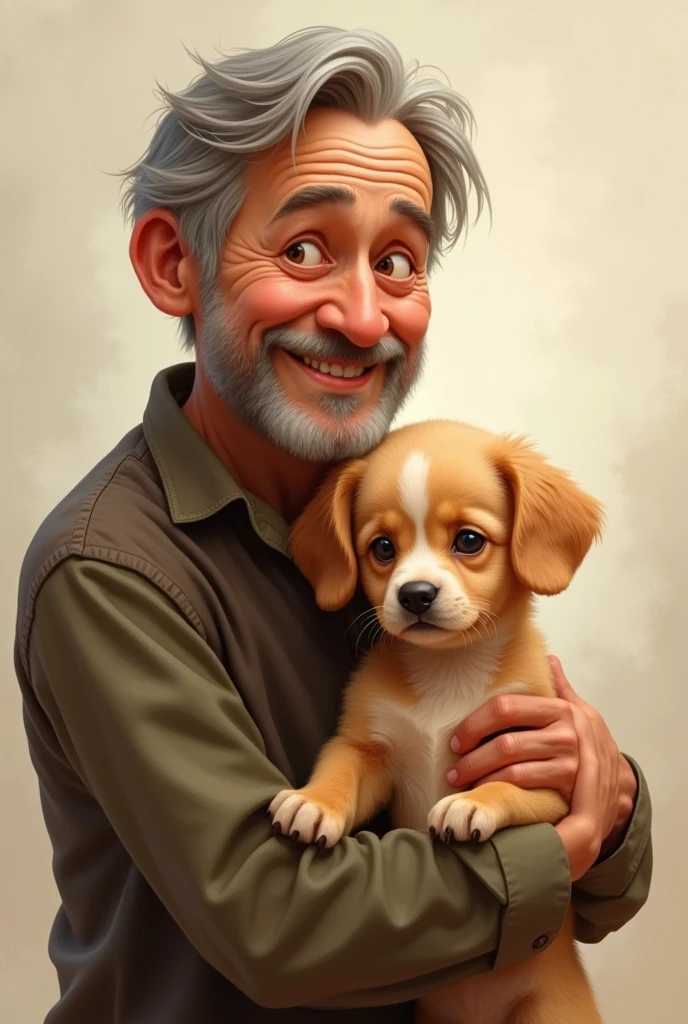 A man with a hunched back is smiling and holding a dog. He is adorable.