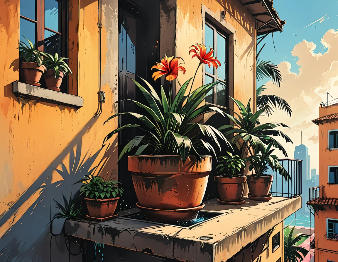 a flower in a pot livitates in the air near the balcony of a building in the tropics, a palm tree, a pot with a flower, a falling pot from the balcony,   graphic style of novel comics, perfect hands, 2d, 8k, hyperrealism, masterpiece, high resolution, best quality, ultra-detailed, super realistic, Hyperrealistic art, high-quality, ultra high res, highest detailed, lot of details, Extremely high-resolution details, incredibly lifelike, colourful, soft cinematic light,