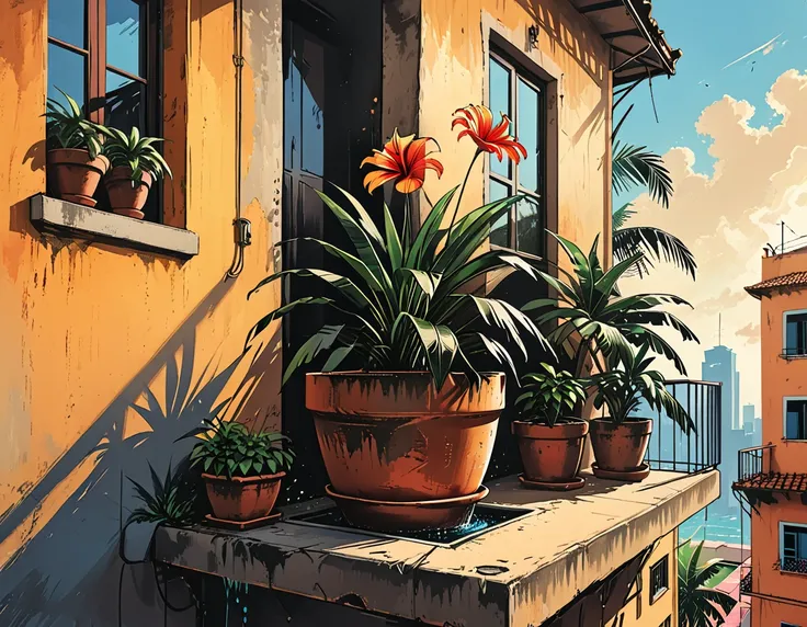 a flower in a pot livitates in the air near the balcony of a building in the tropics, a palm tree, a pot with a flower, a fallin...