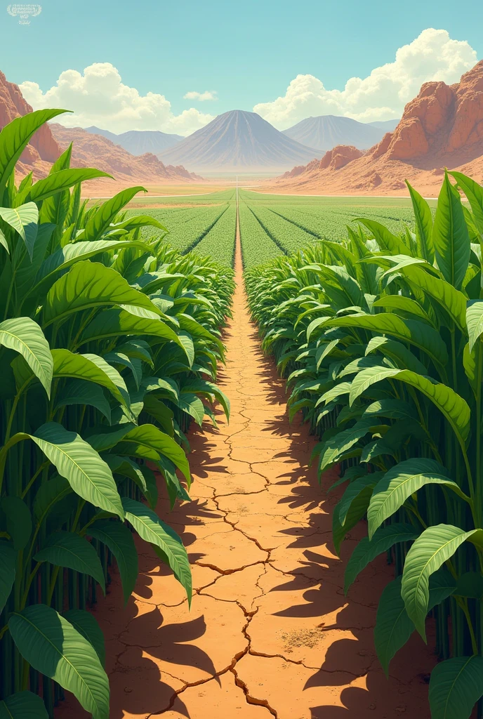 Make a well-kept bean plantation in a dry and arid place, highlighting the drought more.
