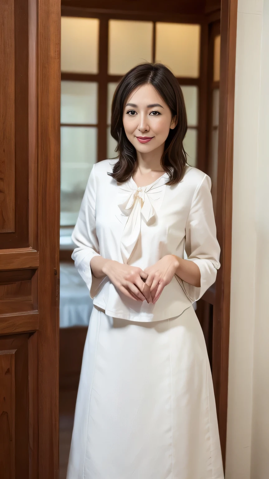 In 8K、RAW Photos、Highest quality、Realistic、Photorealistic、Professional Lighting、masterpiece、Very delicate and beautiful woman).Slender women. She is wearing a neat white blouse, Long skirt . Stand at the entrance to the room, 4. A woman who resembles Hitomi Kuroki, Small, shapely breasts、B cup. .Captivating look,Looking into the camera