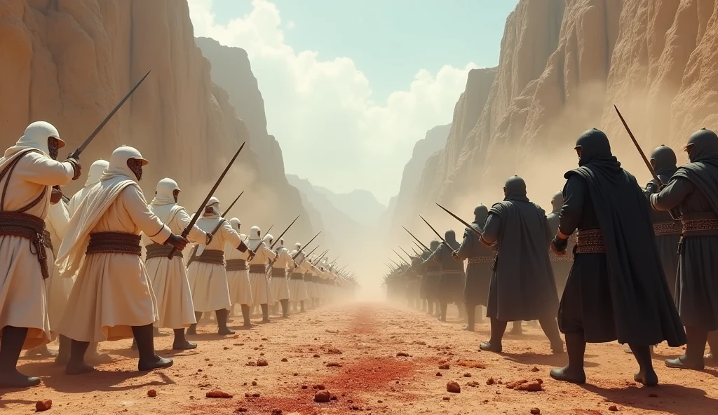Between the high mountains on a desert land, two armies stand, one on the right and one on the left, clashing with swords, cutting necks and blood on the ground. One army is wearing white clothes and the other is wearing black clothes. A very realistic, high-quality battlefield.