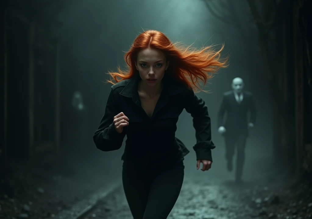 Redhead woman running away from echoes running in the darkness in fear,standing backwards