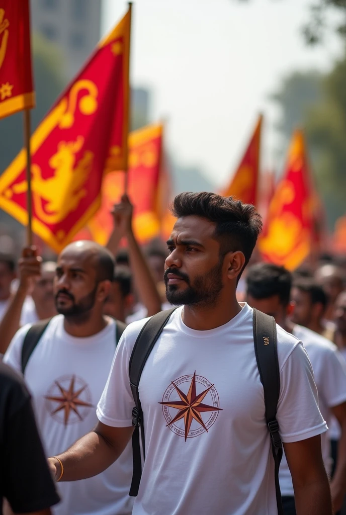 Sri lankan election.peoples walking with National flag of sri lanka. they are wearing t-shirts, white colour  Compass logo on that t-shirt.theam colour is marron.