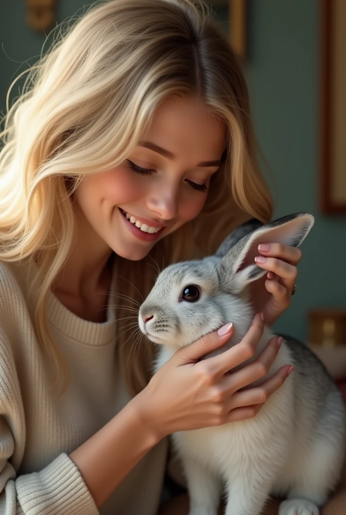 A realistic image of the 18-year-old beautiful young woman with blonde hair at home, carefully and lovingly taking care of the rabbit after the vet visit. She is feeding the rabbit, gently petting it, or watching it closely with a look of affection and relief. The rabbit is more responsive, and the bond between them is visibly stronger. The atmosphere is warm and nurturing, symbolizing a turning point in their relationship.