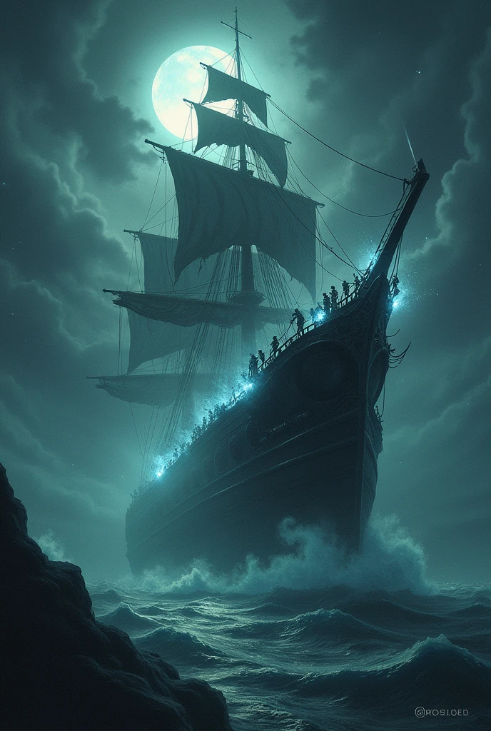 ghost ship flying in the air going to war seen from above, grimdark, unearthly, the moonlight