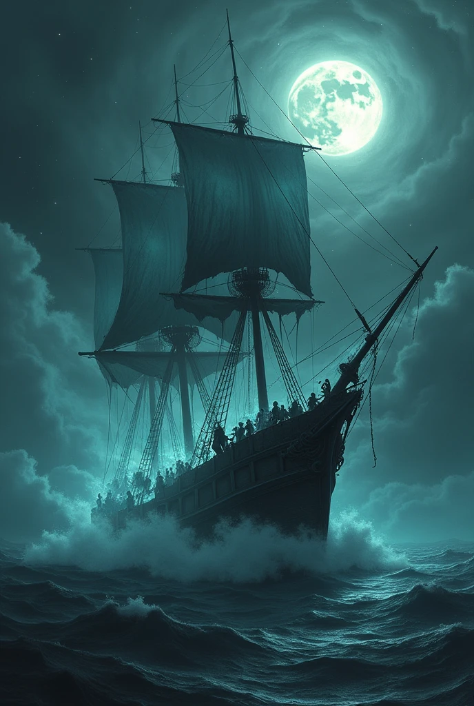 ghost ship flying in the air going to war seen from above, grimdark, unearthly, the moonlight