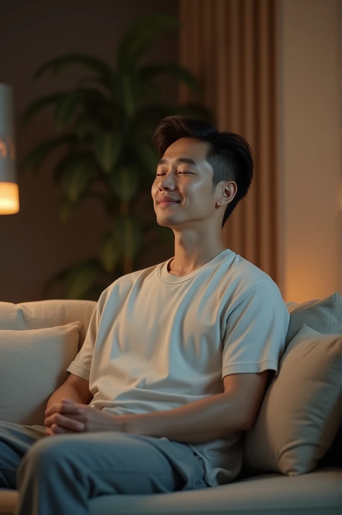 AI generated Calm asian man sitting on sofa listening to music