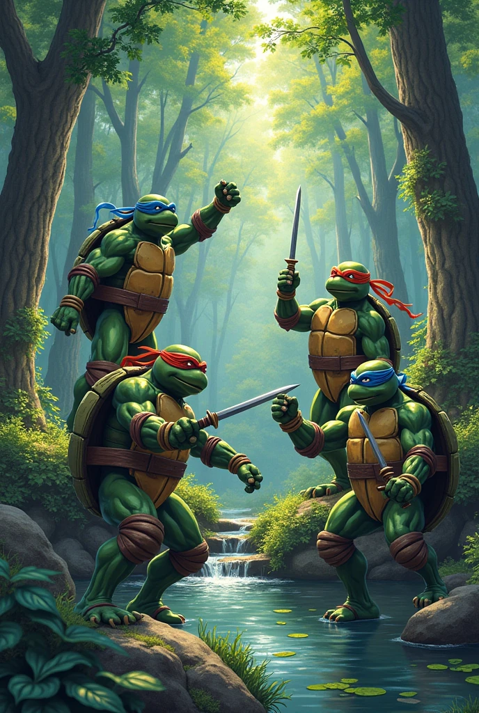Pictures of the four ninja turtles as a manga In a forest 