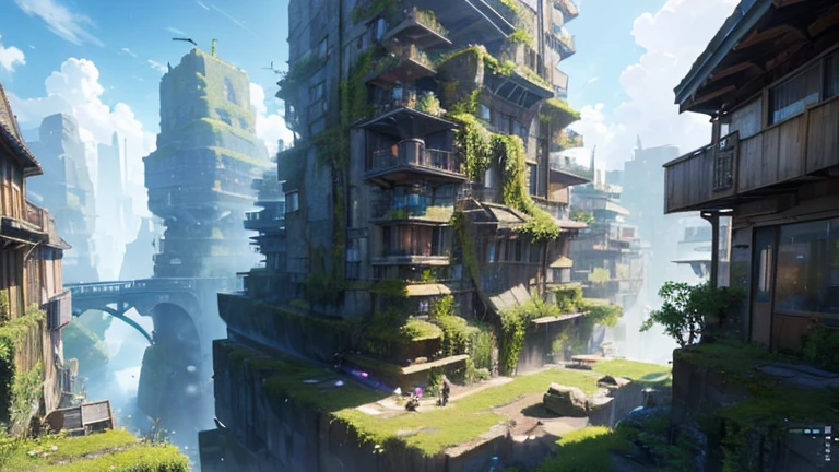 "3D level design of a sci-fi scenario for a science fiction game, featuring a protagonist who battles monsters to level up. The scene should include a mix of mythological elements, moss, plants, and advanced technology scattered throughout. The setting is a central city, depicted in a semi-top-down perspective that balances between orthographic and perspective views, capturing the essence of a vibrant and immersive game menu."
