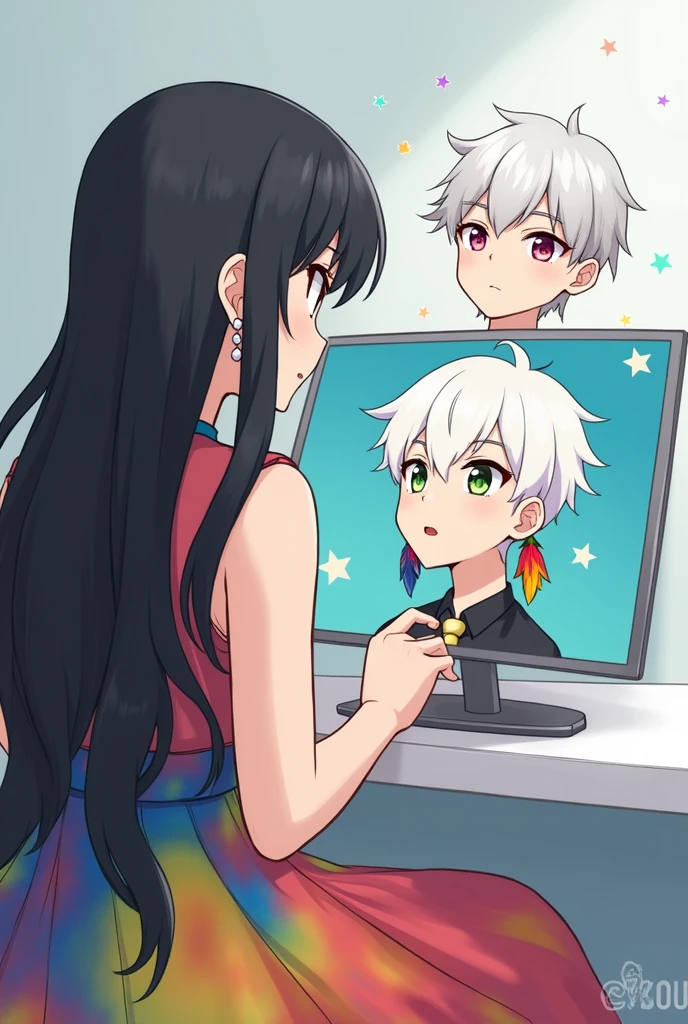 I want a girl with black hair, colorfull dress, small pearl earrings looking at computer with image of white man, strong short white hair and colorful bird feather earrings above his head has a star symbol as if he were a game character. And with the game le next to it the game is called "Human Simulator"