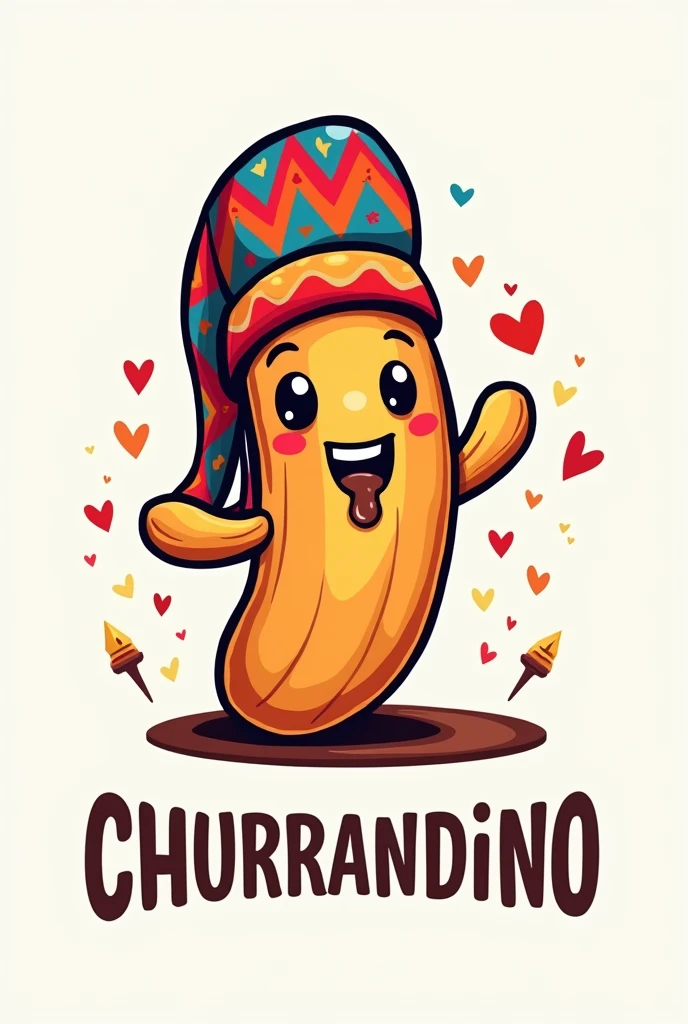 Create a logo for a company that sells churros and the name of the company is “churrandino” and I want the churro to be wearing a Bolivian sleeping cap, that the hat is more colorful like the wiphala and the churro filled with chocolate and that it is longer