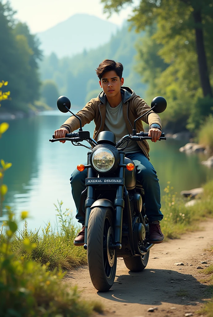 A boy there year 18 and has a motor bike right side look and bagraund river and natural location