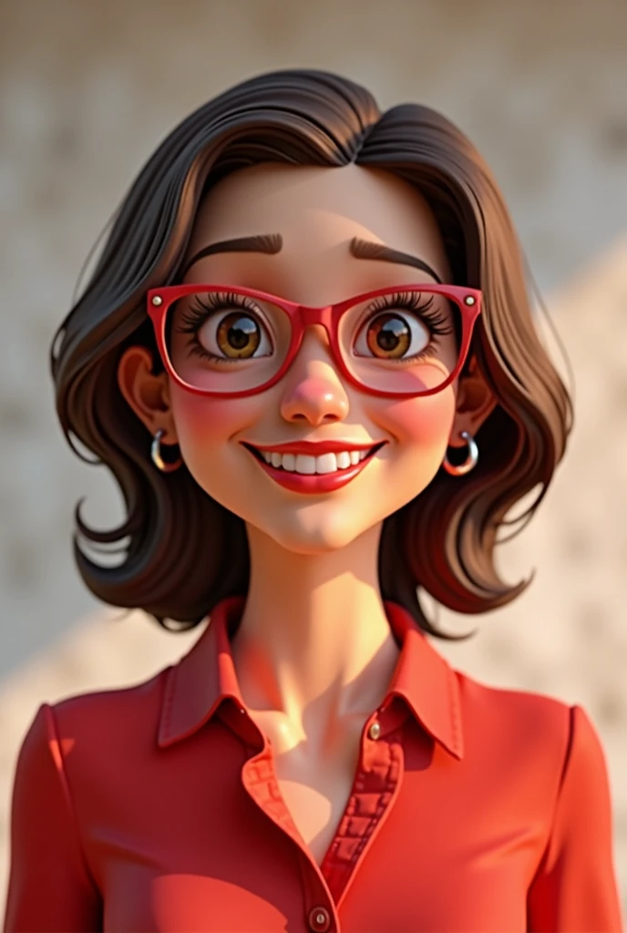 adult woman avatar, 40 year old white executive with medium length brown hair, smiling with red lipstick and red blouse, wearing red framed glasses. Pixar-style, disney, 3d