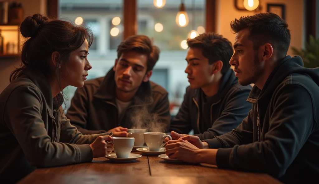 A group of young adults sitting around a table in a coffee shop, their faces marked by concern as they discuss world events. The warm, cozy ambiance of the shop contrasts sharply with the heavy topic of their conversation, creating a sense of dissonance. {cinematic, warm lighting, medium shot, intimate atmosphere, high contrast, urban setting} (landscape)