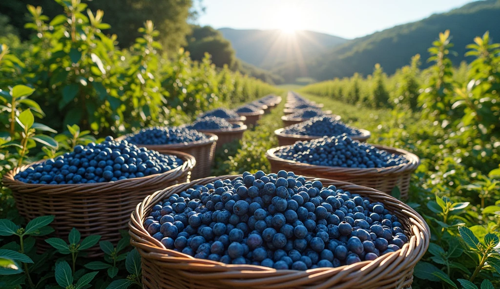 highly detailed, vibrant blue wild blueberries, lush green leaves, rolling hills, overflowing wicker baskets, hardworking farmers, rustic wooden crates, warm summer sunlight, rich blueberry aroma, picturesque countryside, cinematic composition, masterpiece, award-winning, hyper-realistic, 8k, photo-realistic