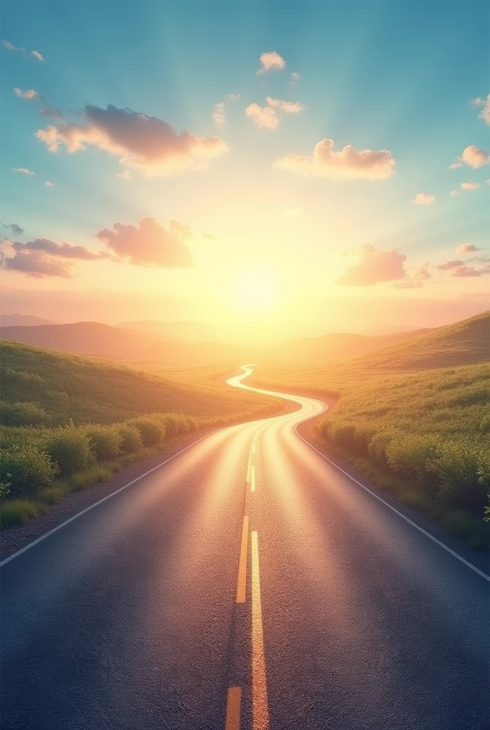 create an image for an ebook cover showing a winding road stretching towards a bright and promising horizon. The background should have a clear, bright sky., with shades of blue, pink and gold, representing hope and new beginnings. The road must be well defined, leading the reader&#39;s gaze to the horizon, symbolizing the journey of personal transformation.