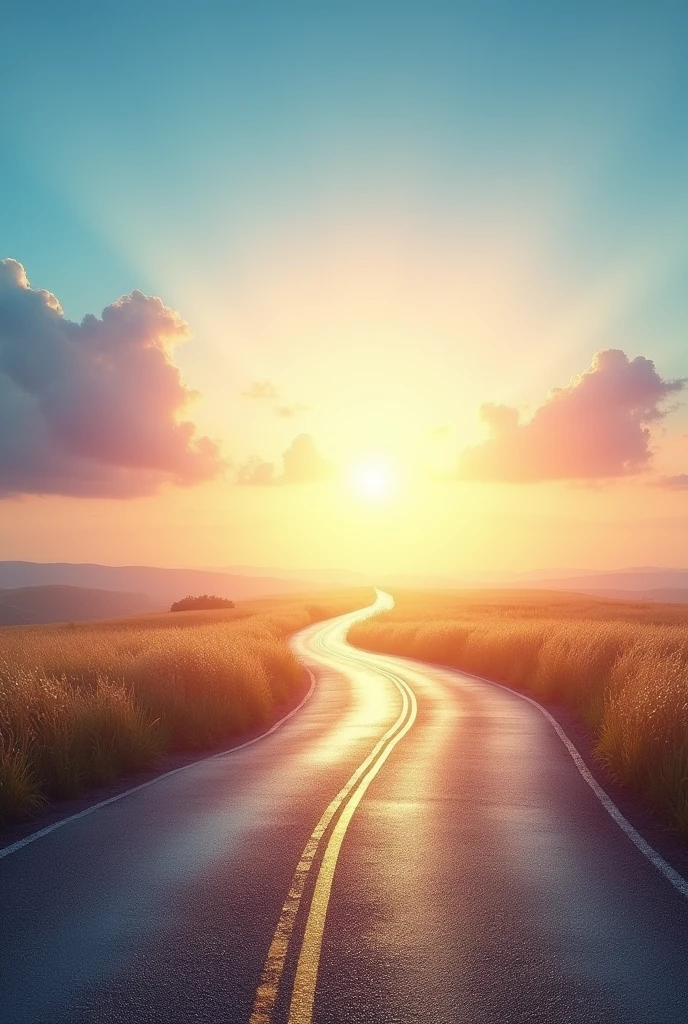 create an image for an ebook cover showing a winding road stretching towards a bright and promising horizon. The background should have a clear, bright sky., with shades of blue, pink and gold, representing hope and new beginnings. The road must be well defined, leading the reader&#39;s gaze to the horizon, symbolizing the journey of personal transformation.