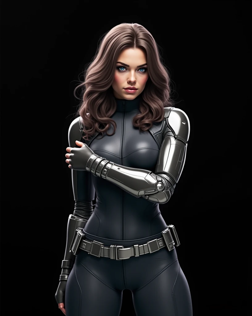 A stunning hyper-realistic half-length portrait of a female version of MARVEL's Bucky Barnes, she looks into the camera with beautiful long, wavy hair, intricate makeup, and a turned-up nose. Her thin lips are slightly parted, showing her blue eyes that shine under the soft lighting. The metallic right arm, adorned with advanced technology, contrasts with her delicate feminine features. You can see his metal belt with high-tech devices. The overall atmosphere of the image is seductive and captivating, as if we were witnessing a transformation of futuristic beauty.