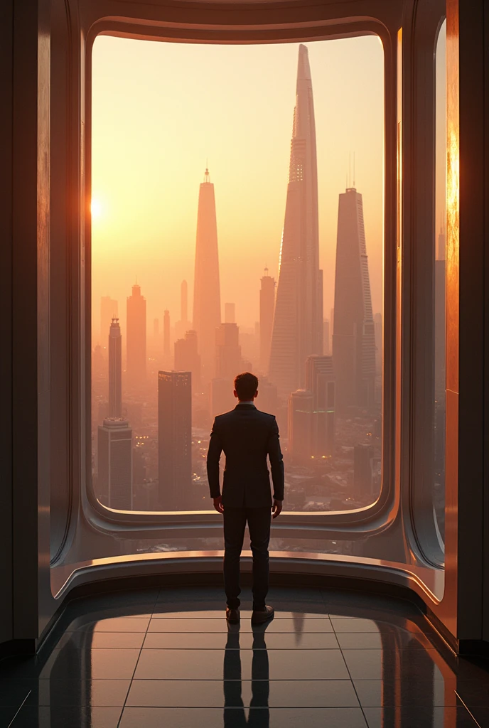 Una foto super realist de una ciudad futurista con edificios altos futuristas de pelicula de star trek, I&#39;m standing in my 15th floor apartment, watching the big city, Photo taken from behind the individual, 8k, UHD, realist, sunset background, golden hour, beautiful view