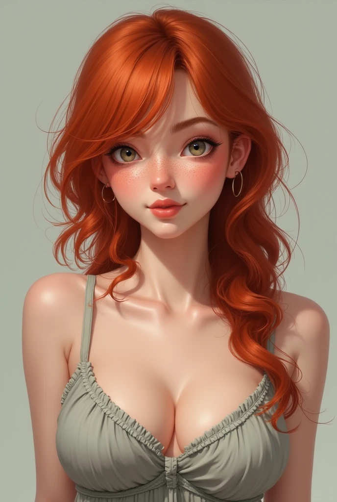 Femme de 25 ans, visage rong, realiste, rousse, tache de rousseur, corpulance ronde, sein moyen, air innocent, coquine.