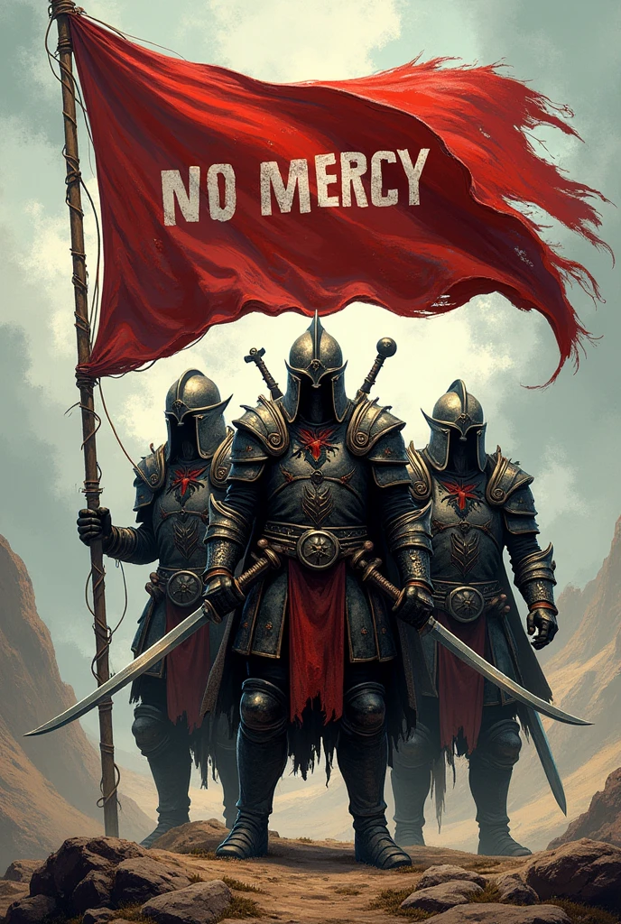 Create a logo that says NoMercy on a flag with warriors holding