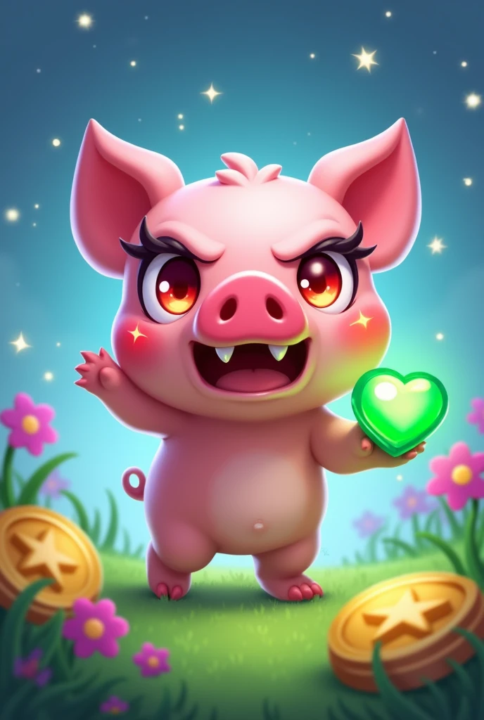 brawl stars, Little pig, little pig, small and cute pastel pink, eyelashes, Big, shiny red eyes with little stars in both eyes, angry expression, blushing and a little heart on her cheek, smiling with two fangs, blue background with stars, grass and flowers, In the grass put gold coins with a star inside the coin, victory pose with a green gem in hand, diseño brawl stars, 2d