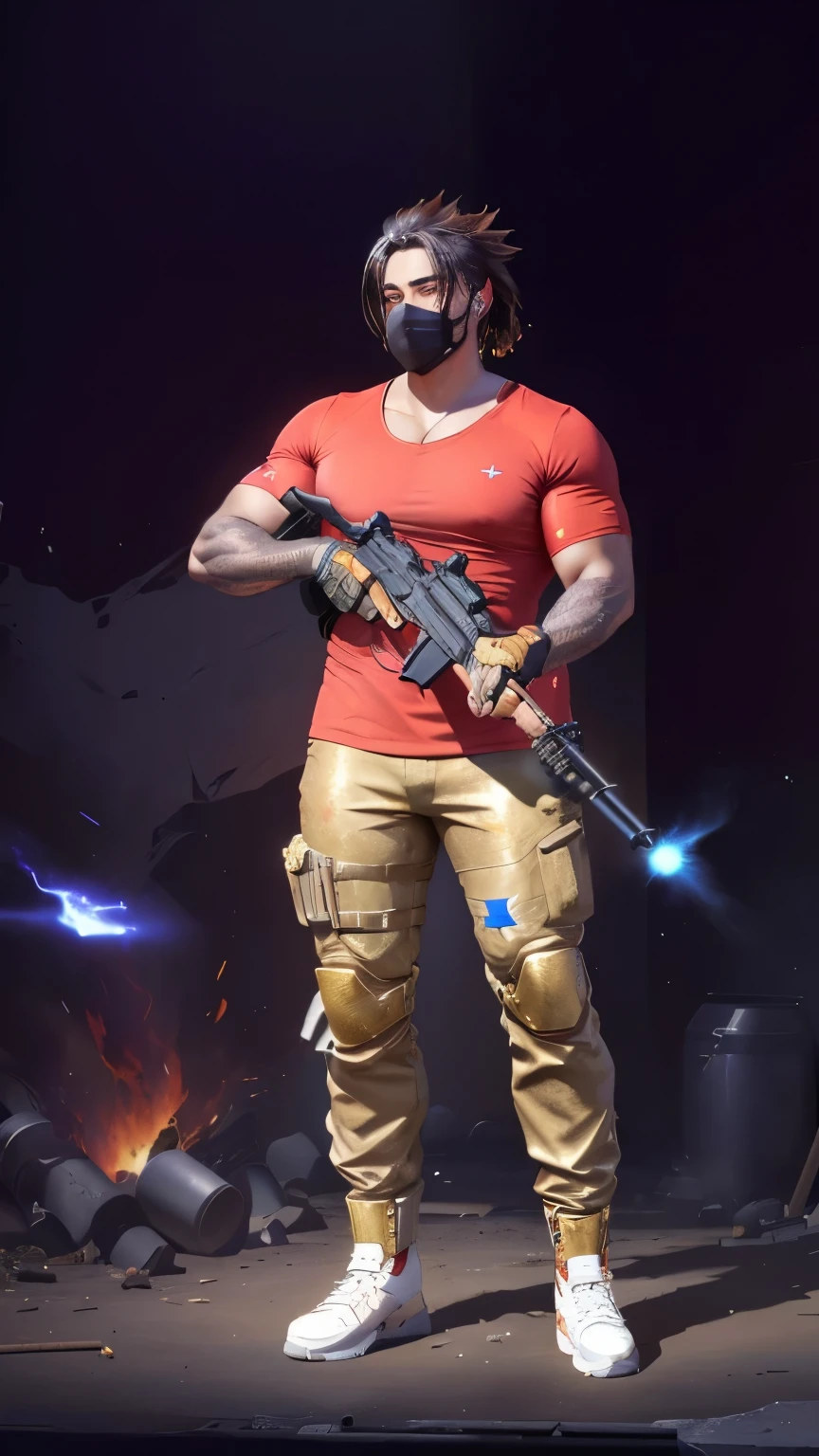a thick man wearing a red shirt and gold pants and brown eyes on fire holding a gun, ingame image, photo by full body hiperdetalhada, photo by full body, ingame, highly detailed full body, Skinned : tjalf sparnaay, ( ( Skinned clara ) ), soldier clothing, chrome outfit, in-game, in-game, holding a sniper rifle, upper body avatar