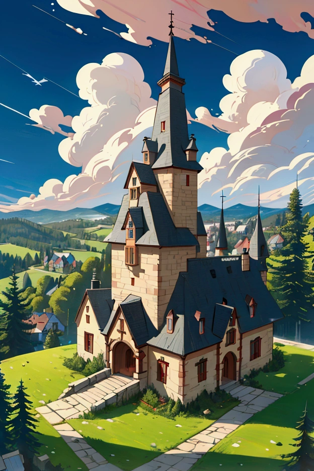 ((work of art)),((best qualityer)),((high détail)),((realisitic,)) ((ultra detaild)) landscape of a small medieval town, cartoonist illustration, aerial view, Beautiful sky, deformed clouds, 1.3:pine trees, turrets.