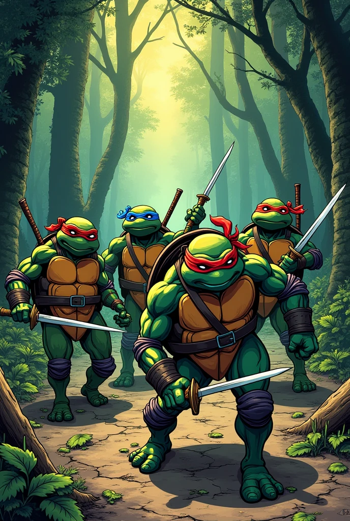 Pictures of the four ninja turtles as a manga In a forest a red, Unripe, orange and blue