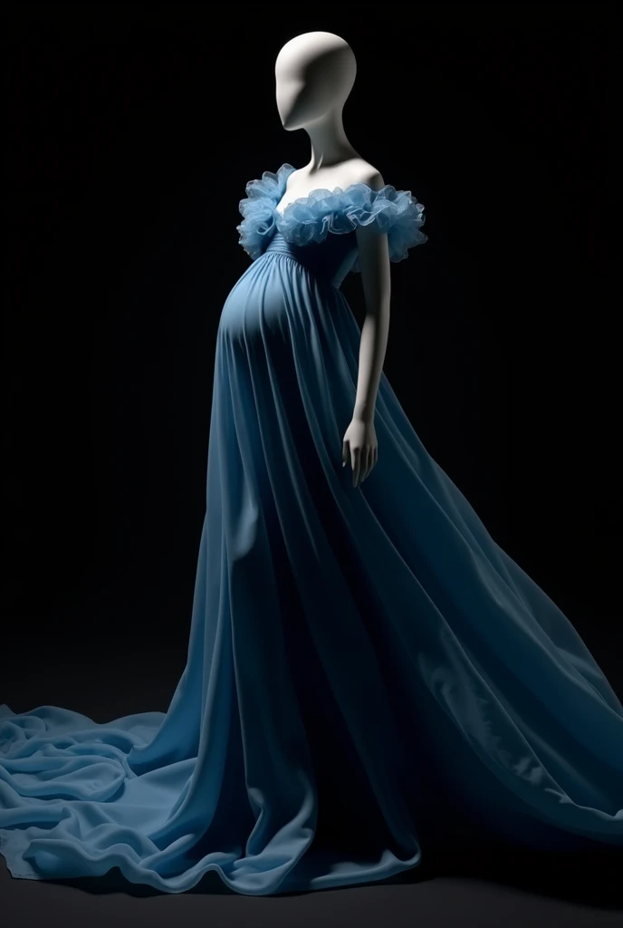 pregnent woman mannequin without hand there is a black and blue dress , flowing fabric, black  color aesthetic, flowing realistic fabric, black  clothes, a still of an ethereal, black  color, beautiful flowing fabric, slow motion fashion, white and black clothing, frilled blooming collar, frill, flowing dress, inspired by Hedi Xandt